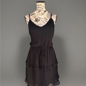 Black Chiffon Ruffle Summer Dress | Tie Waist | Flowy Layered Mini | Size L